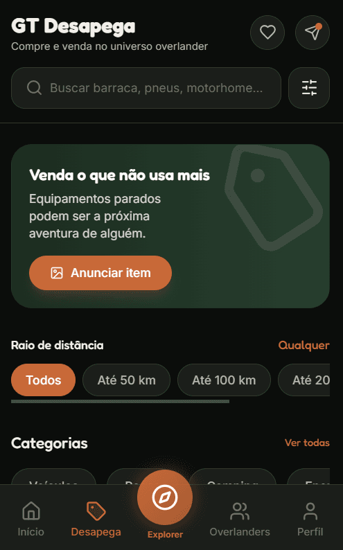 Tela do GT Desapega com busca, filtros de raio e categorias