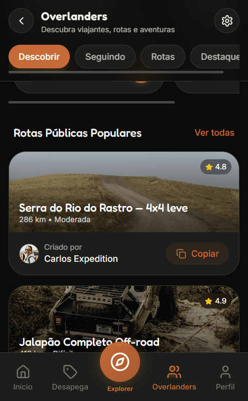 Tela Overlanders mostrando Rotas Públicas Populares: Serra do Rio do Rastro 4×4 leve com avaliação 4.8