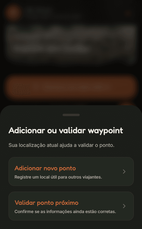 Tela de Adicionar ou validar waypoint, com opções 'Adicionar novo ponto' e 'Validar ponto próximo'