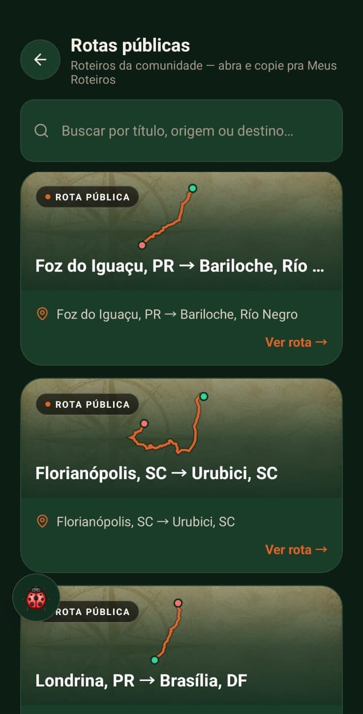 Lista de rotas públicas da comunidade com miniatura do traçado no mapa: Foz do Iguaçu a Bariloche, Florianópolis a Urubici e Londrina a Brasília