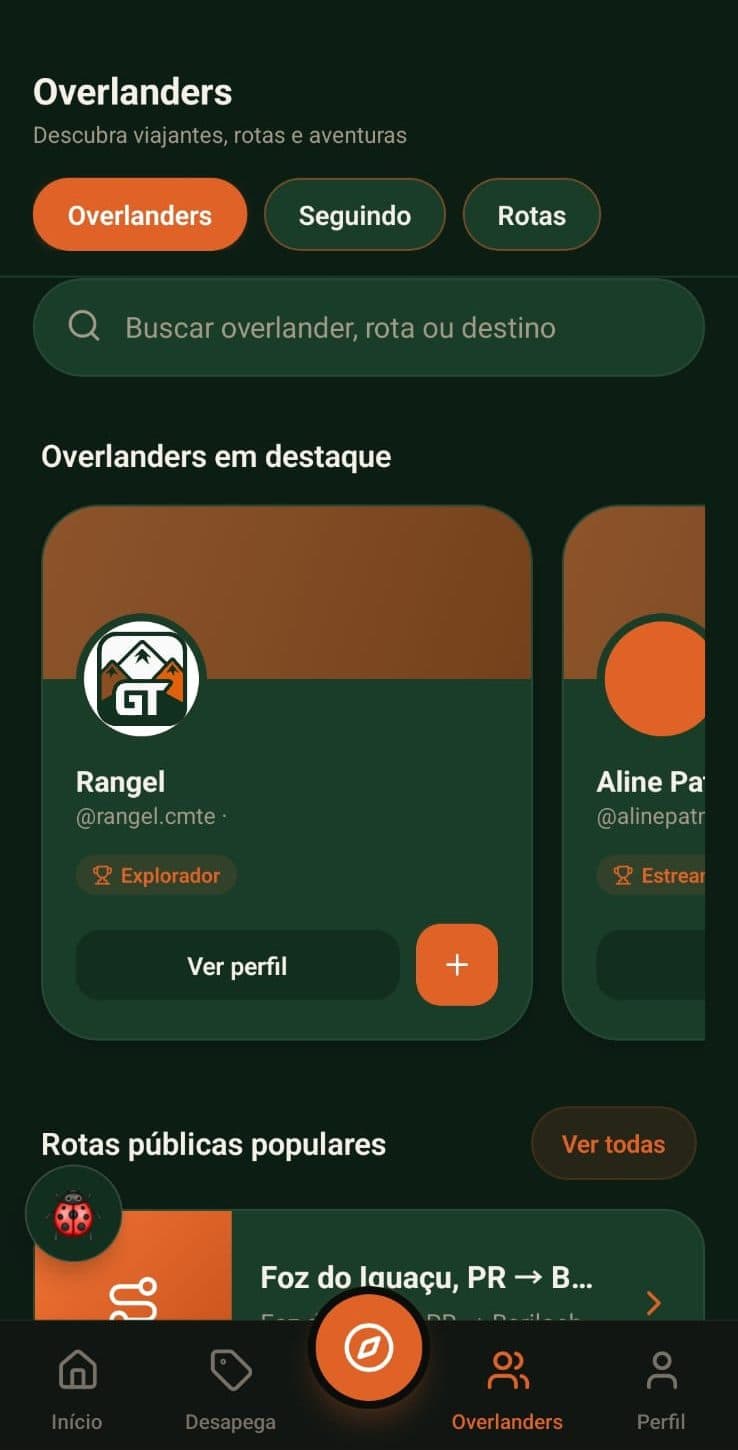 Aba Overlanders do GT Social com busca por viajante, rota ou destino, cards de overlanders em destaque e a seção Rotas públicas populares