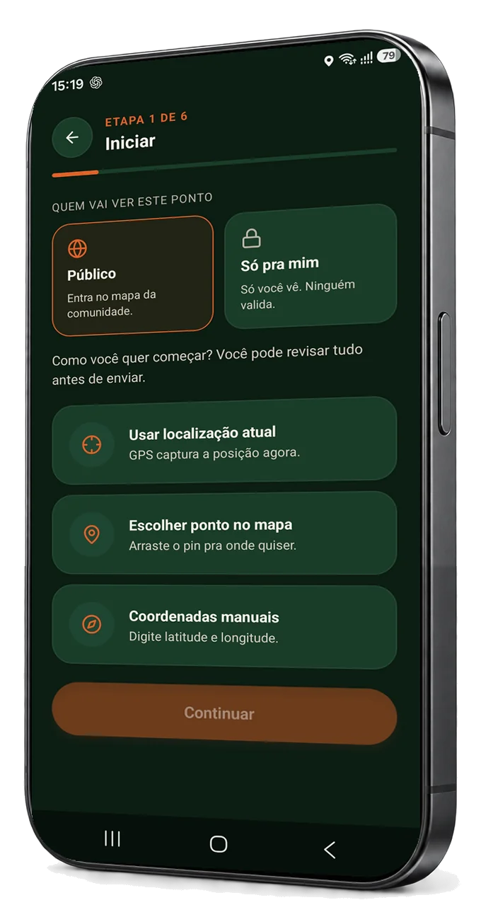 Primeira etapa do cadastro de ponto, com a escolha entre Público e Só pra mim e as opções Usar localização atual, Escolher ponto no mapa e Coordenadas manuais
