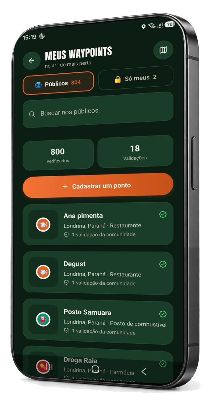 Tela Meus Waypoints com as abas Públicos e Só meus, 800 pontos verificados, 18 validações e a lista de pontos com restaurante, posto de combustível e farmácia em Londrina