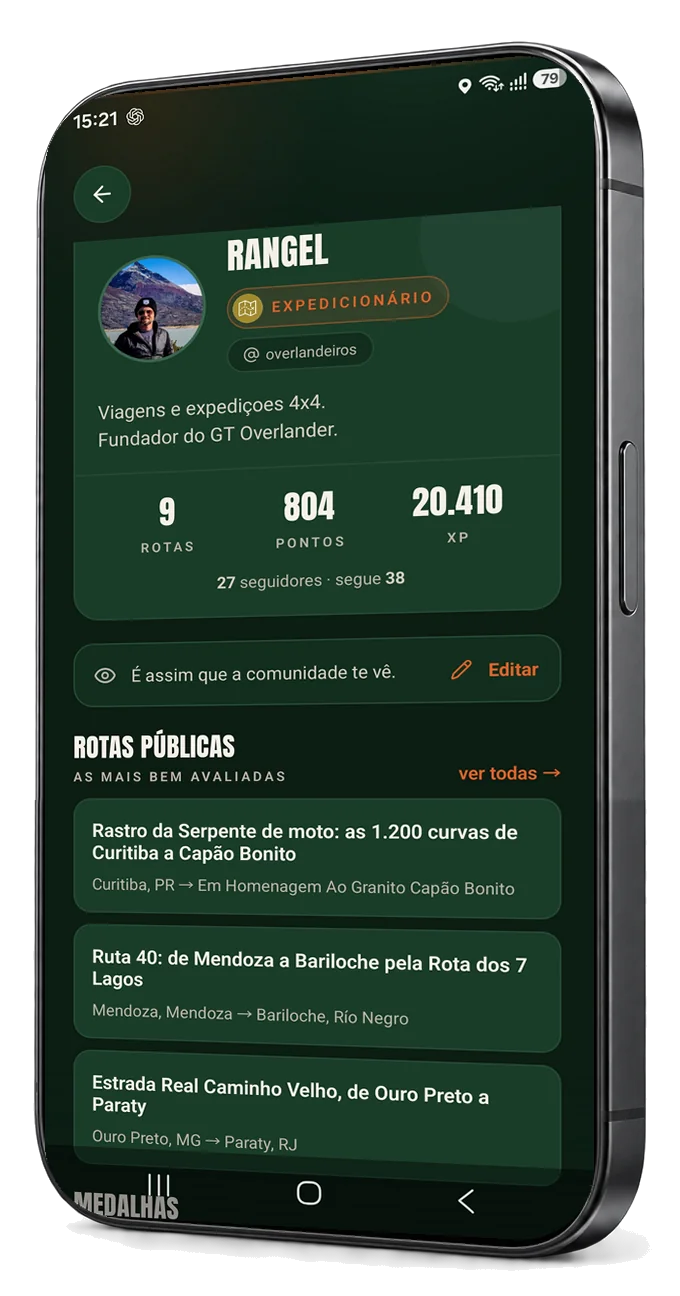 Perfil público do overlander Rangel, nível Expedicionário, com 9 rotas, 804 pontos, 20.410 de XP, seguidores e a lista das rotas públicas mais bem avaliadas