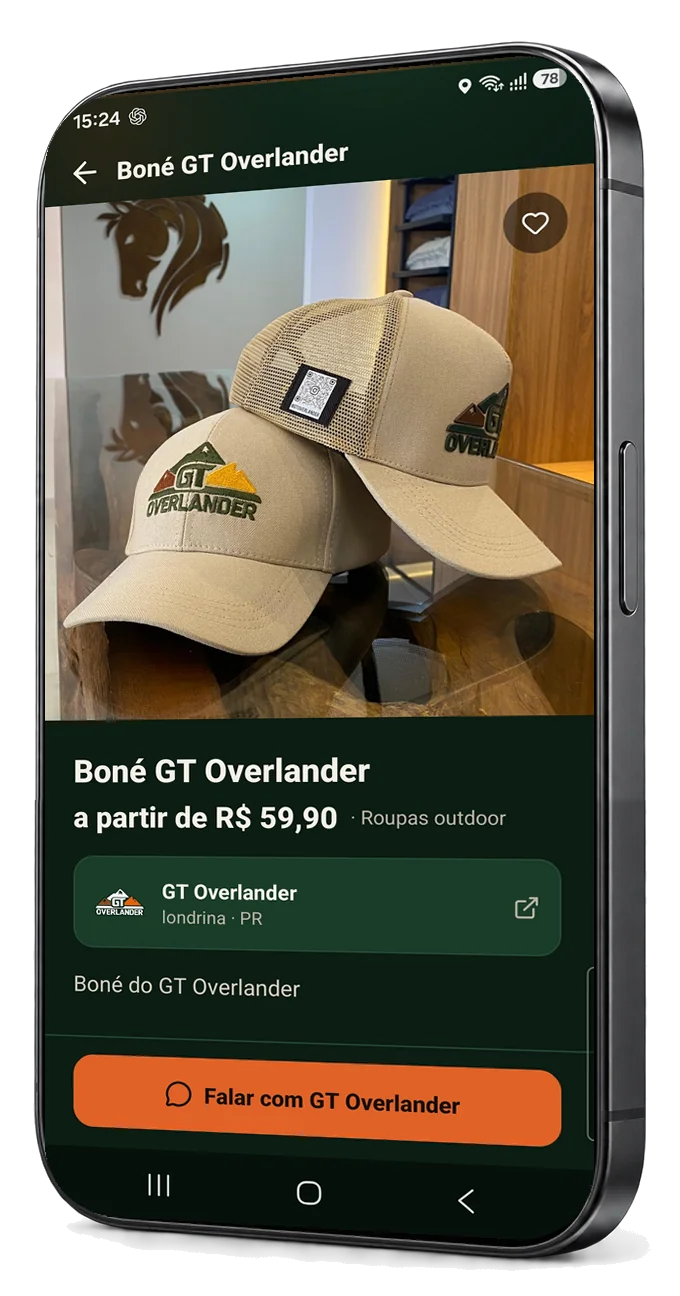 Página do produto Boné GT Overlander, a partir de R$ 59,90, com a loja GT Overlander de Londrina, PR, e o botão Falar com GT Overlander